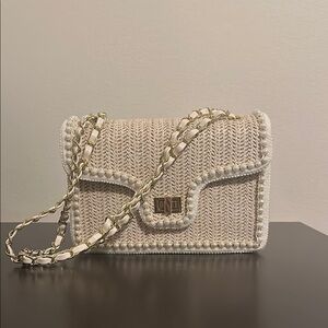 Luxurious Cream and Gold Crossbody Bag with Textured Fabric